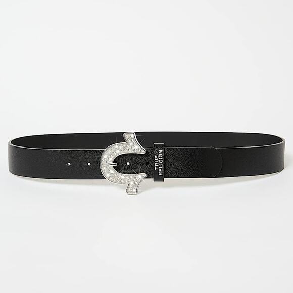 True Religion Crystal Horseshoe Buckle Belt Black Size M Logo Buckle NEW/NWT - Picture 1 of 7